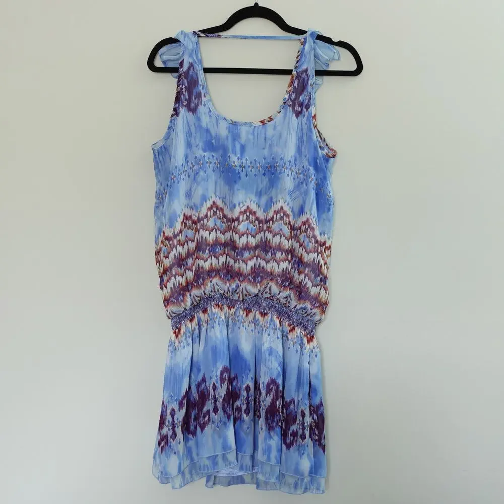Guess Blue Multicolor Short Mini Boho Flutter Sleeve Blouson Dress Size Large - Picture 9 of 9
